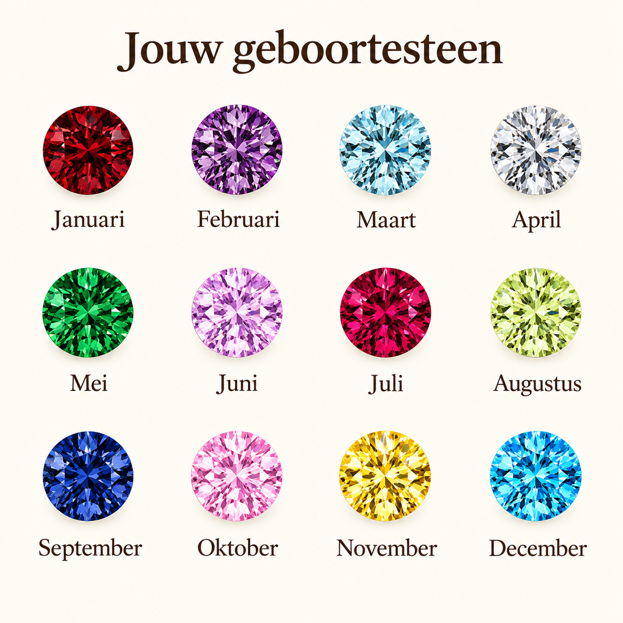 Geboortestenen per maand: januari donkerrood, februari paars, maart lichtblauw, april helder, mei groen, juni lichtpaars, juli rood, augustus lichtgroen, september donkerblauw, oktober roze, november geel en december blauw.